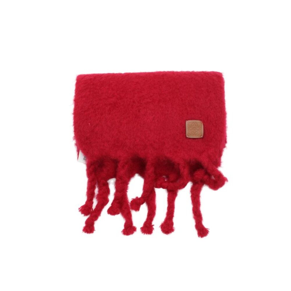 Loewe Womens Mohair Wool Blend Fringe Edge Scarf Bright Red 88"x16"
